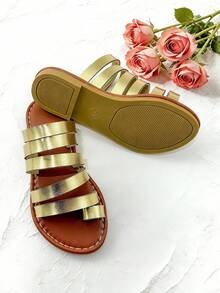 1 Pair Summer Kids Sandals, Gold Girls Flat Slides, Open Toe Slip-On Slippers, Soft Non-Slip Durable Sole, Suitable For Banquet, Party, Wedding, Vacation - Gold - View 6