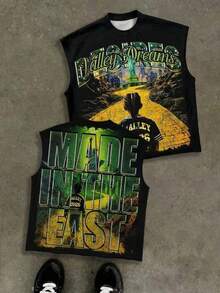 Áo tank top nam dáng rộng không tay, in hai mặt, có in số, hình tượng Nữ thần Tự do và dòng chữ "Made In The East", phong cách đường phố retro Y2K, chất liệu mềm mại và thoáng khí. - màu đen - Xem 5