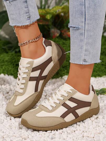 Women's Casual Sneakers With Geometric Pattern, Casual Neutral PU Leather Lace-Up Sneakers For Casual, Beach, Gym, Outdoor, All Seasons