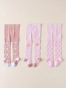 4双装女童连裤袜，可爱兔子、小熊、草莓和爱心图案，柔软透气舒适时尚婴儿连裤袜，春秋季款 - 彩色 - 查看 4