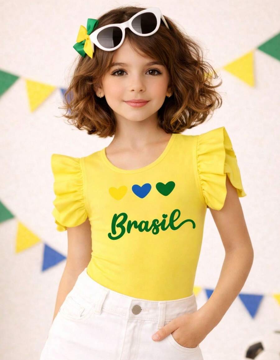 Brazilian Girl's World Cup Fan Bodysuit, Mini Diva Look, Brazil On The Road To The Hexa (Brazil's Sixth World Cup Title), Patriotic Children's Clothing, Fashion Style, Girl's - 黃色 - 查看 1