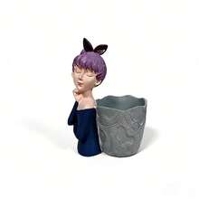Ins-Style Closed-Eye Girl Shaped Planter, Creative Bow Girl Resin Pot, Unique Succulent Plant Pot, Home Desktop Decor Ornament - B - View 8