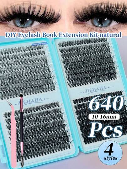 640 cụm mi giả (bao gồm nhíp và cọ chải mi cao cấp) 10D+20D+30D+40D+50D+60D+80D+100D, Mi giả tự nối DIY - Cụm mi giả D-Curl dày và tự nhiên cao cấp, có thể tái sử dụng, nhẹ và dễ sử dụng - Cụm mi giả, Mi giả, Mi nối