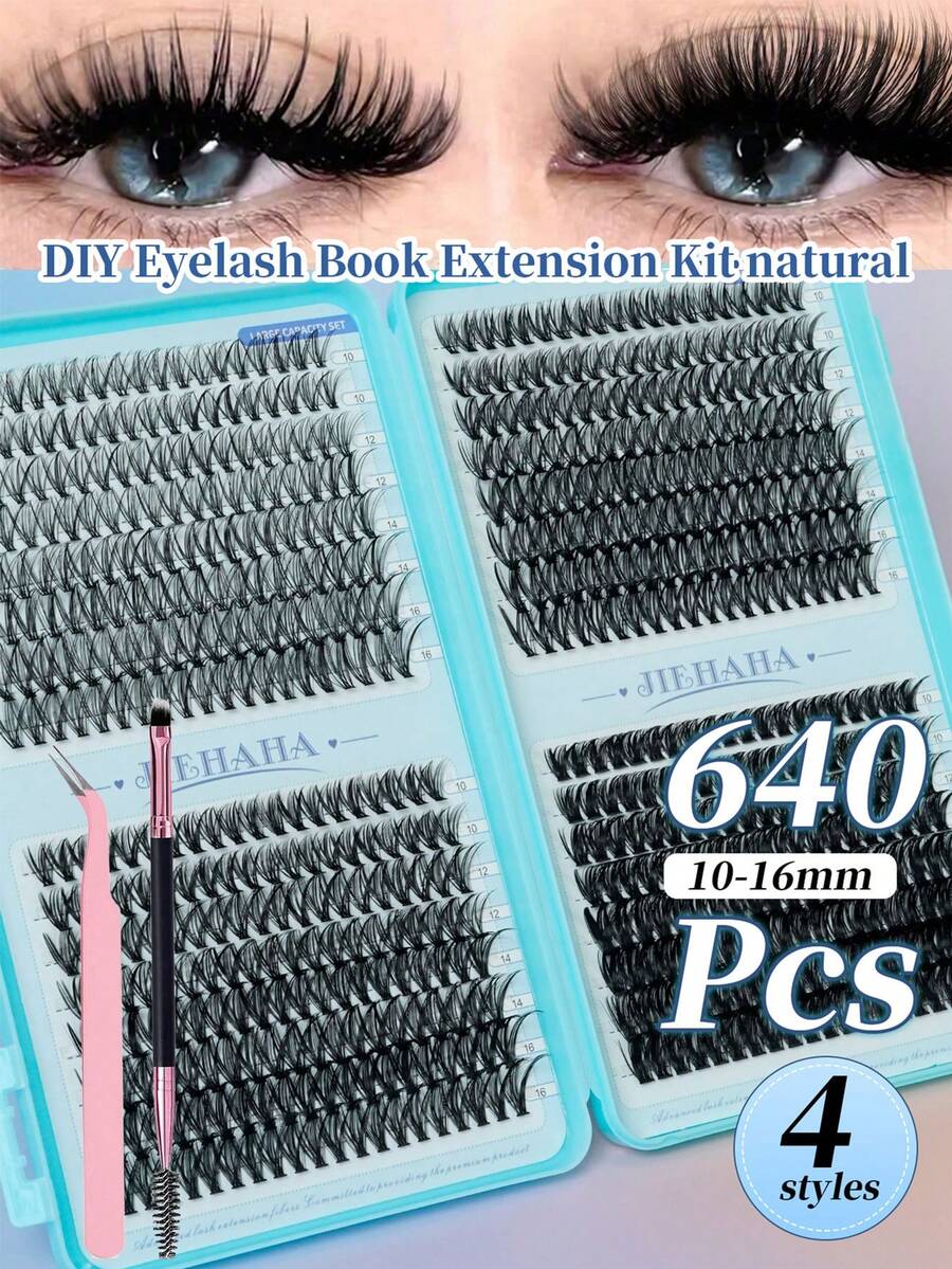 640 cụm mi giả (bao gồm nhíp và cọ chải mi cao cấp) 10D+20D+30D+40D+50D+60D+80D+100D, Mi giả tự nối DIY - Cụm mi giả D-Curl dày và tự nhiên cao cấp, có thể tái sử dụng, nhẹ và dễ sử dụng - Cụm mi giả, Mi giả, Mi nối