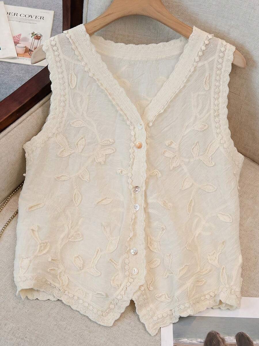 JIANHU Áo tank top không tay cổ chữ V thêu ren kiểu bohemian thanh lịch dành cho nữ, thích hợp cho các lễ hội tôn giáo, kỳ nghỉ, tạo vẻ ngoài thời trang nhiều lớp thường ngày. - Màu be - Xem 1