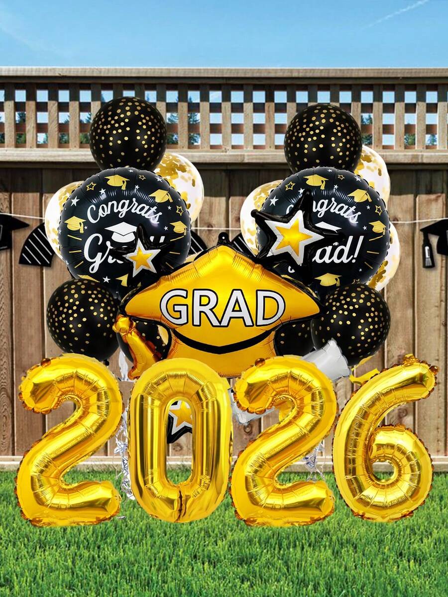 17 piezas Conjunto de globos de graduación 2026, incluye globos de látex con lunares negros, globos de gorra de graduación amarilla, globos de números 2026 de 16 pulgadas, adecuado para decoración de fiesta de ceremonia de graduación, decoración de ambiente del aula, fiesta de graduación 2026, graduación de primaria, secundaria y universidad, suministros para fiestas de graduación, fiestas de cumpleaños, eventos escolares y decoración del campus - Multicolor - Ver 1