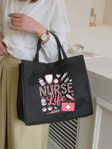 护士生活印花手提袋，轻便购物袋，便携旅行沙滩包，化妆包，采用艺术字母和图案印花设计，方便购物。女士大容量手提包，手提包和化妆包套装，时尚手提包和化妆包。 - 彩色 - 查看 4