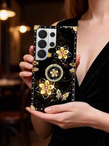 1pc Gold Flower & Butterfly Flat Pattern Rectangle Shockproof Phone Case, Compatible With Samsung Galaxy S26 Ultra/S26/S26 Plus/S25FE/S25Ultra/S25+/S25/S24 Plus/S24/S24U/S23 Ultra/S22ULTRA/A56 5G/A36/A17/A16 And Apple 17proamx/17/16 Promax/16/15PRO Max/15/14 Plus/15plus/14 Pro Max/13promax Models. [International Version, Not Domestic] - Black and Gold + Ring Holder - View 6