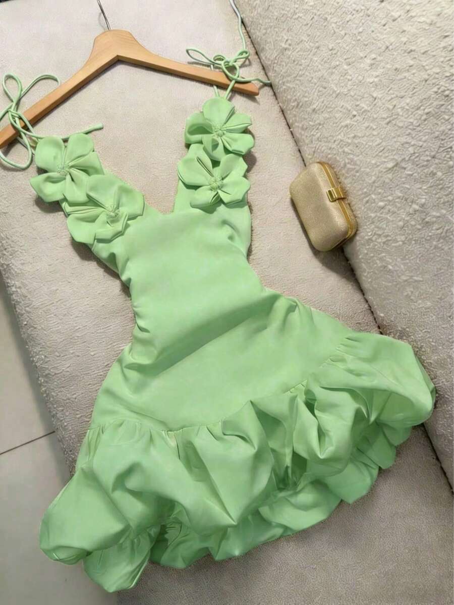 女士系带连衣裙,花苞裙摆,适合情人节、派对、晚宴等场合,优雅夏季之选 - 薄荷綠 - 查看 1