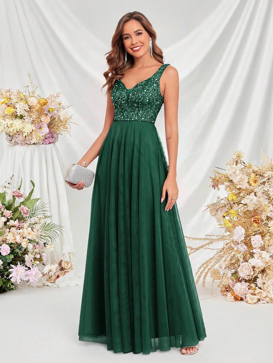 Đầm dạ hội nữ mùa xuân hè không tay cổ tim đính sequin, dáng chữ A, màu xanh đậm thanh lịch, thích hợp cho dạ hội, phù dâu, khách dự đám cưới, lễ tốt nghiệp, tiệc tối trang trọng, trang phục lễ hội.