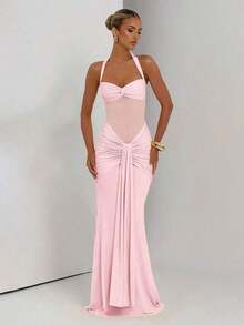 Sexy Spaghetti Strap Backless Waist Cinched High Slit Dress, Mesh Patchwork Vacation Party Dress - Pink - View 5