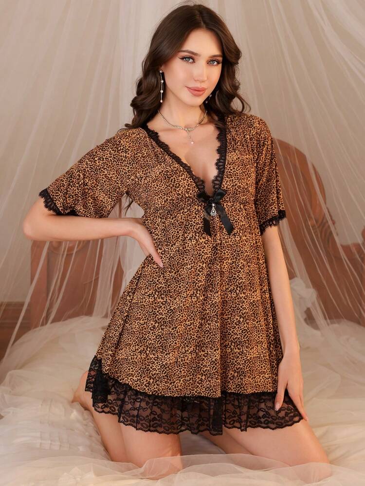 1 chiếc váy ngủ cổ chữ V họa tiết da báo cổ điển quyến rũ với viền ren, thích hợp cho mọi mùa. - Màu Khaki - Xem 9