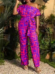 Faeriesty Eleganter Jumpsuit in Große Größen: Weites Bein Jumpsuit mit drapiertem Stehkragen Design, durchgängiger künstlerischer Grafikdruck, Taillen-Bindung - ideal als Outfit für Hochzeitsgäste, Outdoor Braut-Fotoshootings, romantische Garten-Porträts, tropische Zeremonien, Boho-Chic Mode-Redaktions-Urlaubs-Sommer - Rot-violett - Übersicht 10