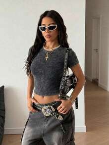 LILL 女士夏季露脐上衣，微弹力面料，水洗做旧棉质，黑色圆领短袖T恤，休闲日常性感T恤 - 黑色 - 查看 4