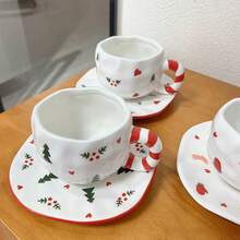 圣诞手绘陶瓷咖啡杯，可爱马克杯，送给她的礼物，高品质家用水杯、茶杯、杯碟套装 - 彩色 - 查看 2