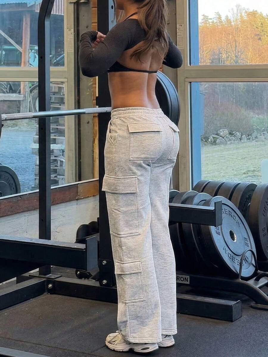 女士休闲运动弹力腰带翻盖口袋裤 - 淺灰色 - 查看 1