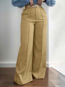 Jessefine Zippered Pockets Wide Leg Pants, Waistless Solid Color Suit Fabric, Brown, Elegant Commute Versatile Office School Daily Wear, Spring/Summer - 卡其色 - 查看 3