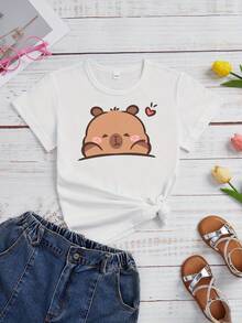 Girls' Capybara Printed Pattern T-shirt, Crew Neck Short Sleeve Casual Soft Tops, for outdoor activities - Bianco - Visualizzare 1