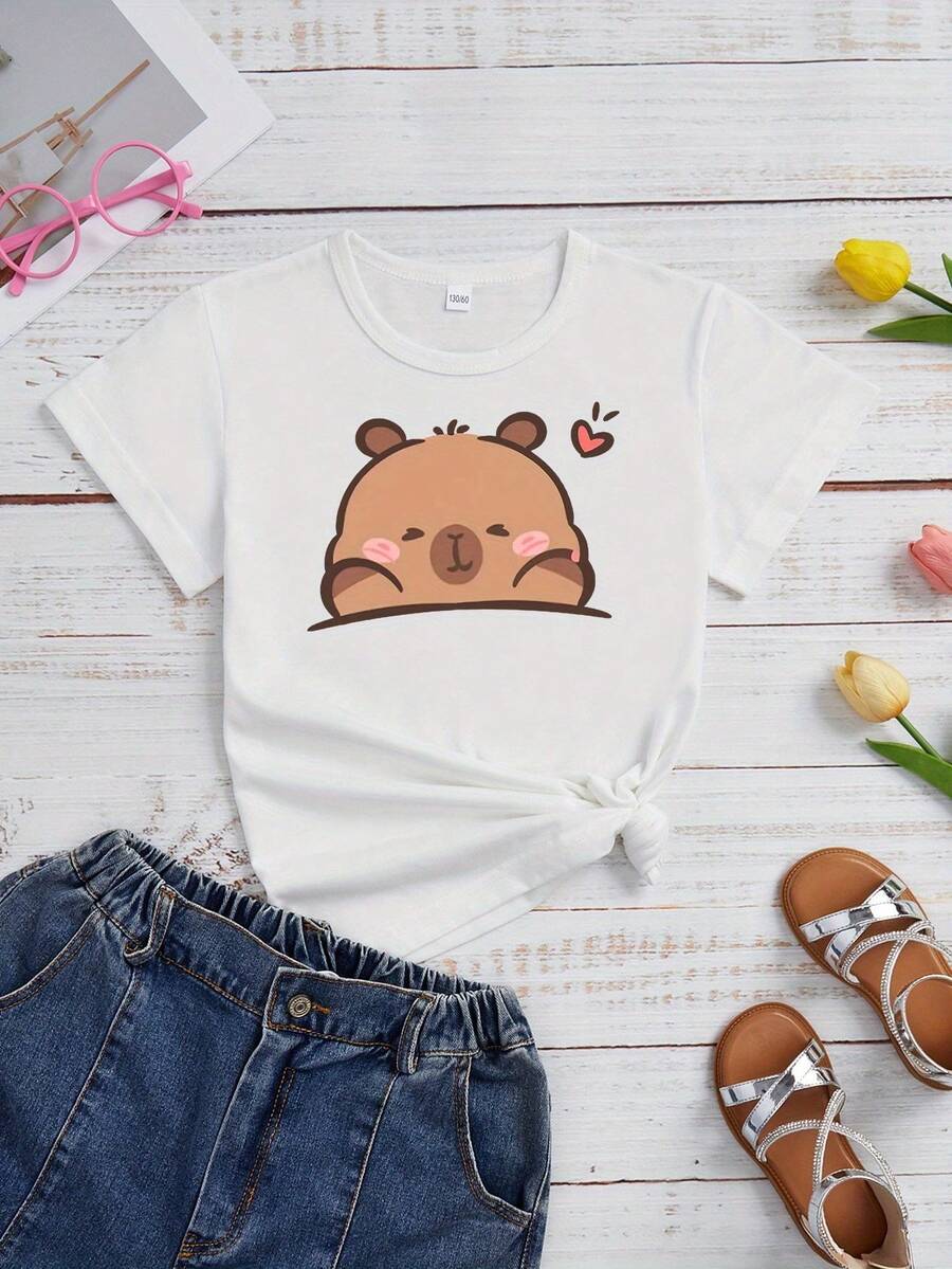 Girls' Capybara Printed Pattern T-shirt, Crew Neck Short Sleeve Casual Soft Tops, for outdoor activities - Bianco - Visualizzare 1