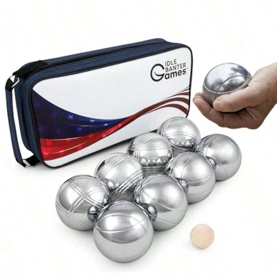 Idle Banter Boules Juego - Estuche de transporte temático de bandera con 8 bolas de petanca premium de 73 mm divertido y portátil juego de césped al aire última intervensión para todas las edades - como en la foto - Ver 1