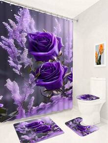 1/4件装薰衣草和2朵玫瑰花卉浪漫印花艺术派对装饰浴帘，酒店公寓浴室浴帘套装包含浴帘、防滑垫、马桶盖套、浴垫和12个塑料挂钩，浴室干湿分离帘，家居必备 - A - 查看 19