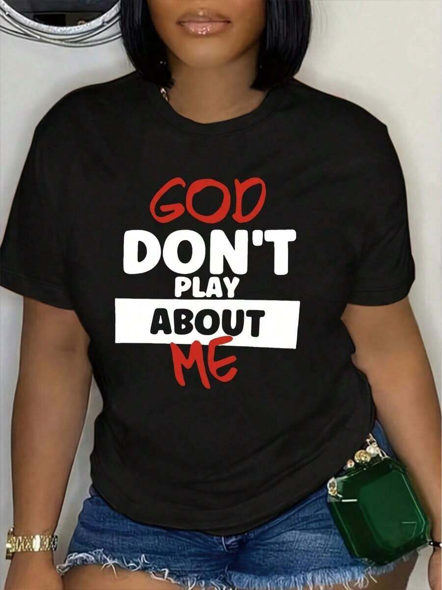 Camiseta Gráfica para Mujer "God Don't Play With Me" - Cuello Redondo Casual, Manga Corta, Cómoda para Primavera/Verano, Blanca con Estampado Negro y Rojo, Ligera, 100% Tela - Negro - Ver 1