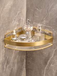 Luxury Bathroom Triangular Corner Shelf, No Drilling Wall Mounted Shower Caddy, Acrylic & Metal Storage Rack, Waterproof Rustproof Organizer For Shampoo Soap Cosmetics, Space Saving Corner Shelving For Bathroom Kitchen Toilet, Modern Golden Clear Design, Strong Adhesive Easy Installation, Home Storage Essentials - Gold - View 1
