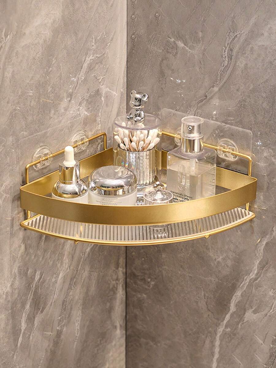 Luxury Bathroom Triangular Corner Shelf, No Drilling Wall Mounted Shower Caddy, Acrylic & Metal Storage Rack, Waterproof Rustproof Organizer For Shampoo Soap Cosmetics, Space Saving Corner Shelving For Bathroom Kitchen Toilet, Modern Golden Clear Design, Strong Adhesive Easy Installation, Home Storage Essentials - Gold - View 1