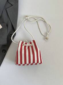 1pc Mini Striped Drawstring Detail Wallet, Summer Beach Pouch, Beach Essential, Beach Accessories, Beach Bag And Summer Necessity - Red - View 11