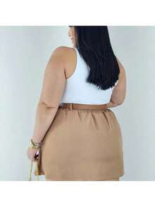 Short Skirt Plus Size Tailored With Belt Various Colors Summer - Beige - View 5