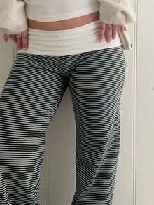 Sunshine Girl Pink Striped Straight Pants, White Ruffle Waist, Women Summer Back To School, Valentine's Day, Casual Commute Wear Spring - 黑色 - 查看 8