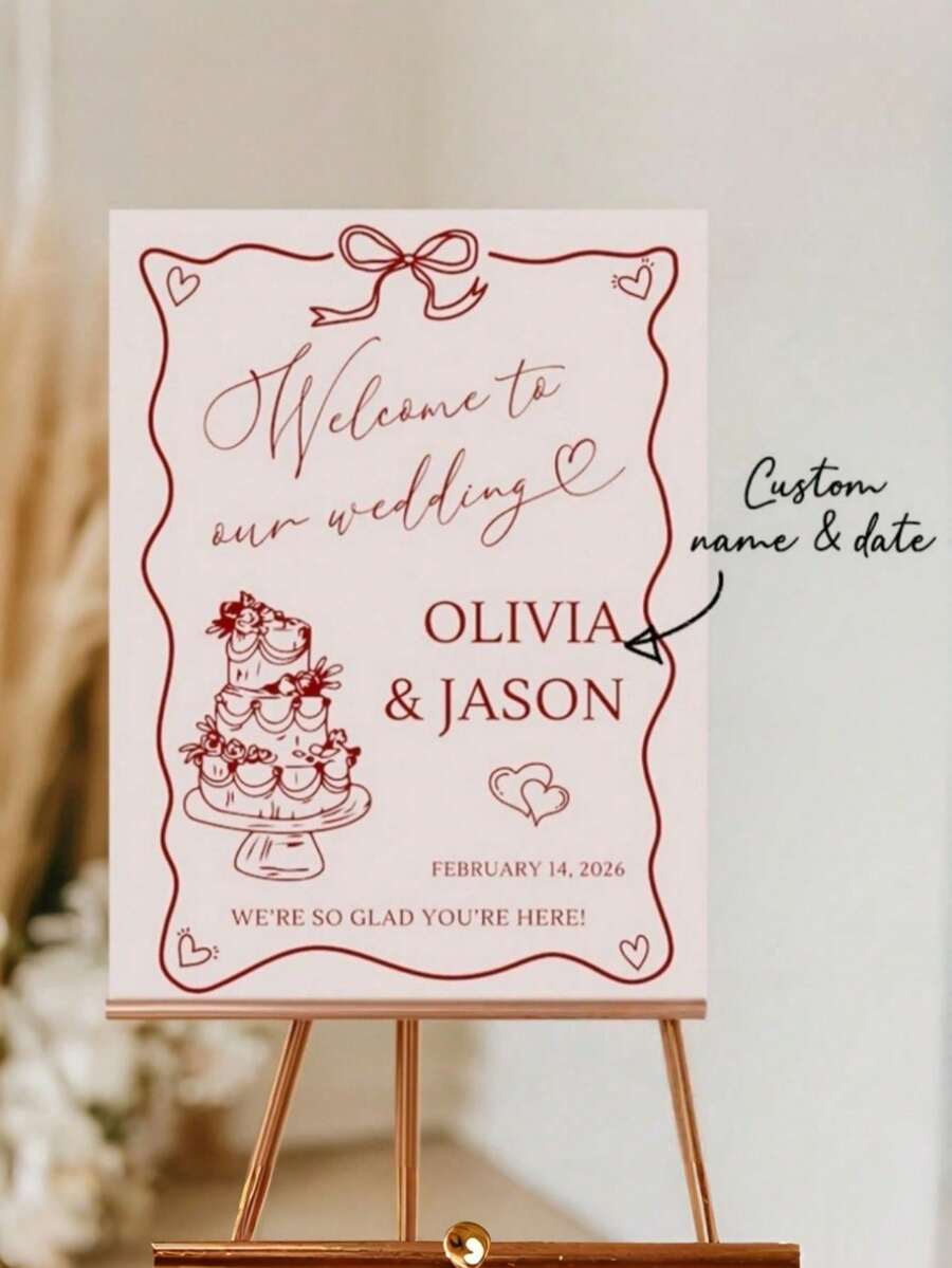 Cartel de bienvenida personalizado con diseño de pastel rojo y corazón, de pie duradero, tema romántico adecuado para bodas, recepciones, celebraciones, Día de San Valentín, ceremonias de graduación - Multicolor - Ver 1