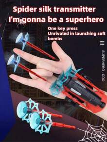 1 Set Red Spider Web Toy, Soft Suction Cup, Spider Web Toy For Kids, Wrist Toy Set, Pop-Up Atta Toy, Superhero Role Play Game, Wearable Canvas Gloves, Spider String Game, Grip Game, Exciting Launching Game, Spider Web Launching Game - Multicolor - View 4