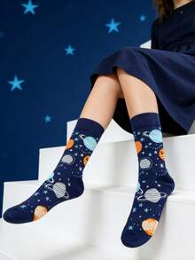 1 Pair Men's Navy Blue Planet Themed Crew Socks, Versatile Unisex Socks For All Seasons - Blue - View 8