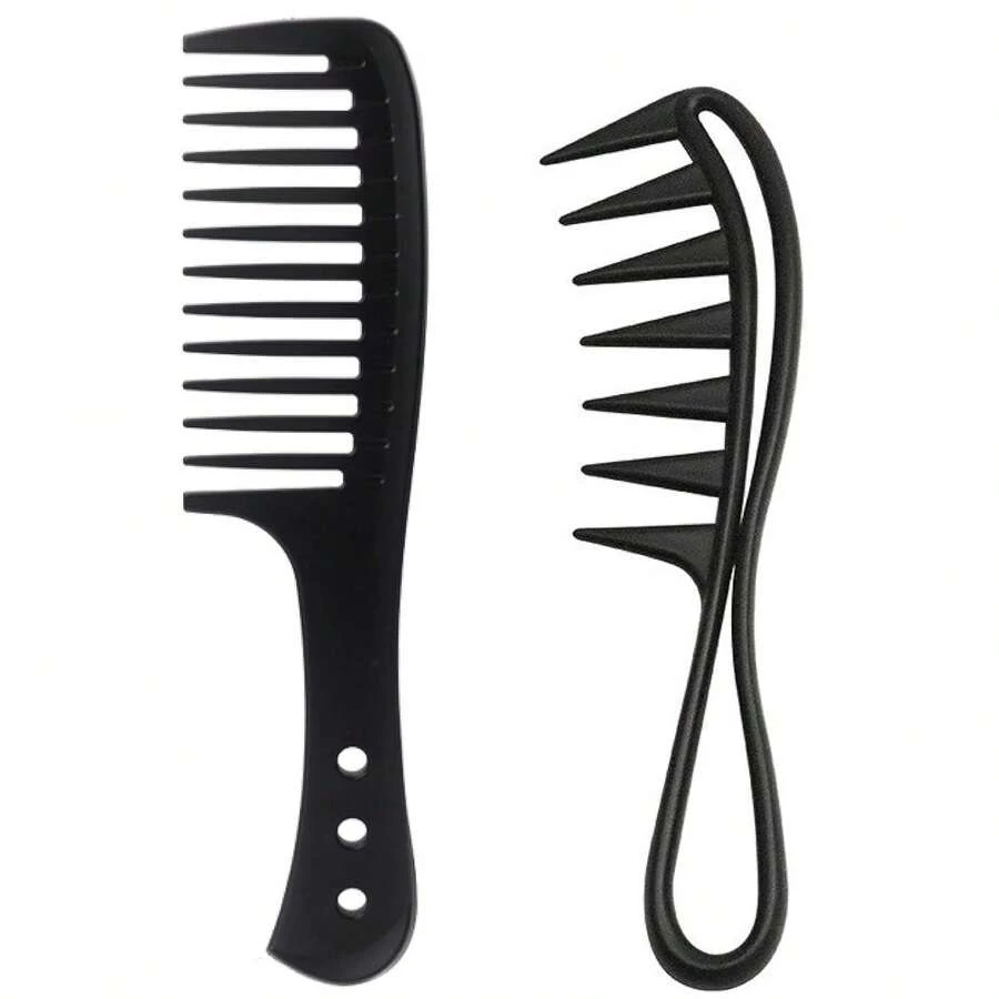 2 Pcs Wide Tooth Comb, Large Tooth Curl Comb Shark Teeth Hair Hairstyle Tool For Curly Wet Wavy Thick Hair Wigs Barber Salon, Women Men - Black - View 1