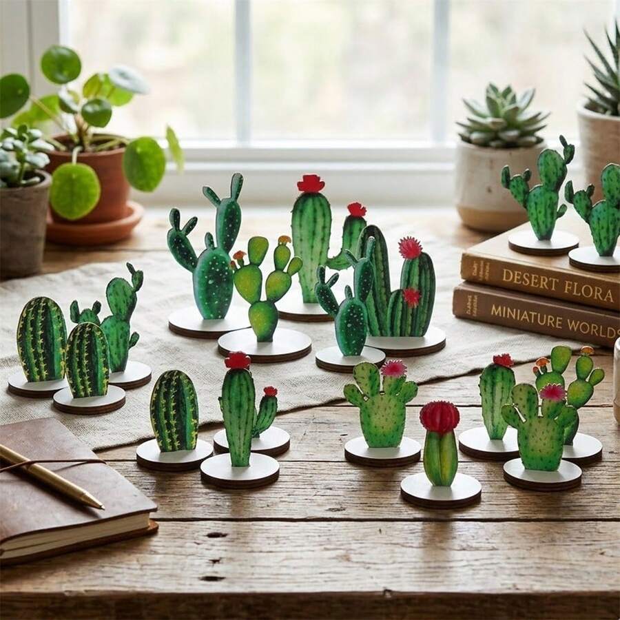 8Pcs Wooden Cactus Table Sign Decoration Table Topper Centerpiece For Home Office Birthday Holiday - 綠色 - 查看 1