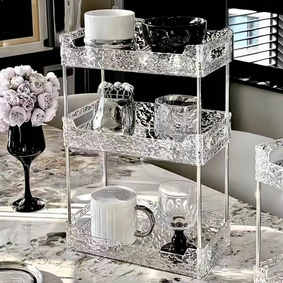 浴室必备！三层冰川纹理收纳架，防水防潮，梳妆台收纳架 - 透明 - 查看 1