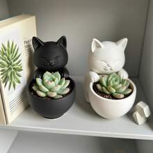 猫形花盆，底部有排水孔，独特设计，适用于多肉植物、小型花卉和仙人掌，可作卧室、办公室或桌面摆件。 - 多色 - 查看 2