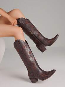 Western Boots For Women Floral Embroidered Pull On Boots Pointed Toe Chunky Heel Long Boots Classic Cowboy Cowgirl Boots Knee High Western Boots For Dressy Party Walking Shoes - màu nâu cổ điển - Xem 6