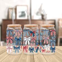 4pcs/Set 4th Of July Bows UV DTF Transfer Stickers For 16oz Libbey Glass Cups (9.4x4.3in), USA American Girly Patriotic Red White Blue Stars Heart Rainbow Waterproof Wraps, Independence Memorial Day Decals No Heat Needed - USA Bows 01 - View 6