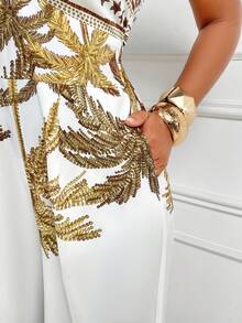 女士休闲优雅度假连体裤，无肩带露背设计，阔腿印花连体裤，适合海滩度假 - 白底棕花 - 查看 8