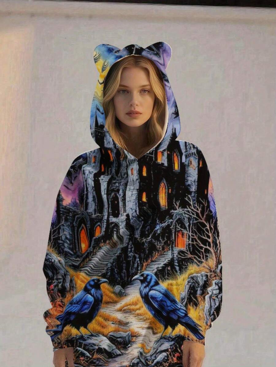 Women'S Gothic Castle & Raven Print Hoodie With Cat Ear Hood - Dark Fantasy Full-Body Graphic Sweatshirt, Cozy Fall Winter Pullover For Casual & Outdoor Wear, Fantasy-Themed Statement Outfit - 風格 - 查看 1