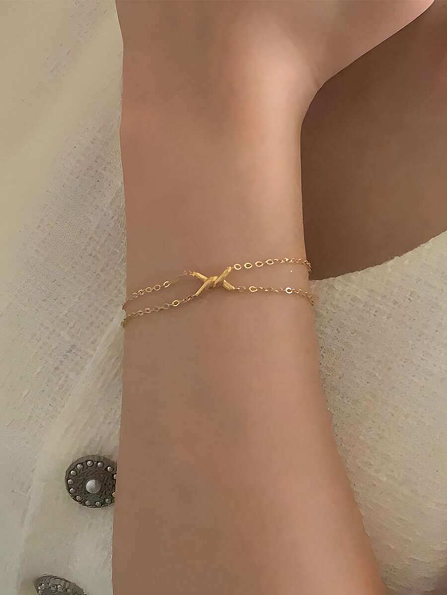 BALMORA 1pc Simple And Fashionable S925 Sterling Silver Glossy Knot Twisted Wire Handover Bracelet As A Girlfriend Gift For Mother's Day Gift ﻿ - Gold - View 1