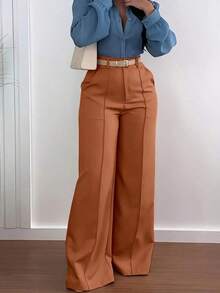 Jessefine Zippered Pockets Wide Leg Pants, Waistless Solid Color Suit Fabric, Brown, Elegant Commute Versatile Office School Daily Wear, Spring/Summer - màu đen - Xem 11