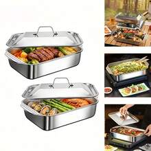 Bestselling Stainless Steel Rectangular Baking Tray With Lid - Fish Grill Baking Pan, Multi-Functional Large Capacity Oven Cooking Steamer Tray, Insulated Design Suitable For Home Kitchen And Dining, Medium/Large Size, Easy To Clean, Dishwasher , Highly Praised Kitchen Cooking Utensil - Multicolor - View 7