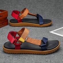Sandalias casuales de hombre con tela de color contrastante y cierre de gancho y bucle, para uso en exteriores en verano - Marrón - Ver 3