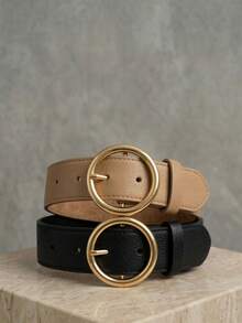 Women's Belt Set With Gold Metal Polka Dots, Synthetic Leather, Minimalist, Fashion Blogger Style, Unisex, Daily Use, Simple, Casual, 2024, Popular, Beautiful, Seasonal, Black, White, Brown, Caramel, Pink, Current Size, Stitched, Occasional, Versatile, Decorative, Vintage, 247 - 黑色/米色 - 查看 1