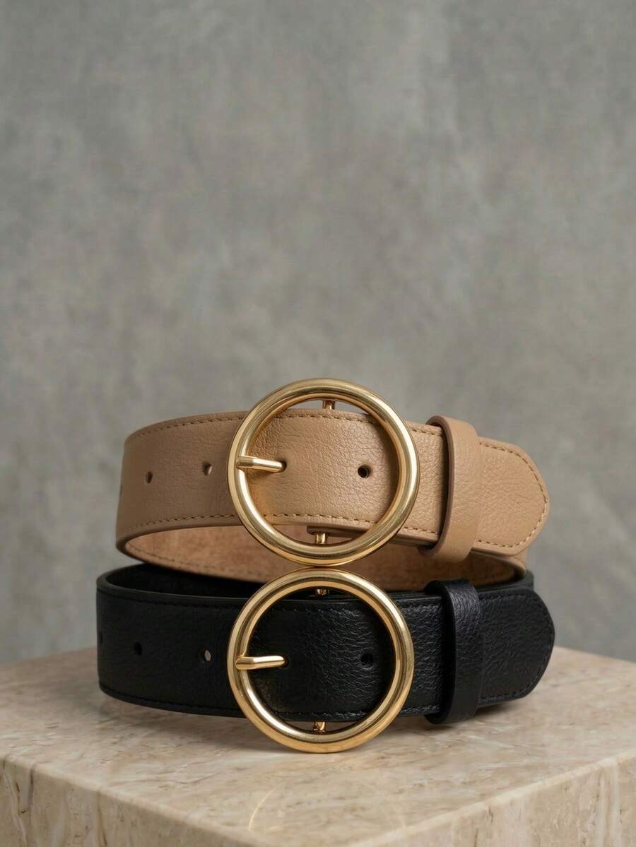 Women's Belt Set With Gold Metal Polka Dots, Synthetic Leather, Minimalist, Fashion Blogger Style, Unisex, Daily Use, Simple, Casual, 2024, Popular, Beautiful, Seasonal, Black, White, Brown, Caramel, Pink, Current Size, Stitched, Occasional, Versatile, Decorative, Vintage, 247 - 黑色/米色 - 查看 1
