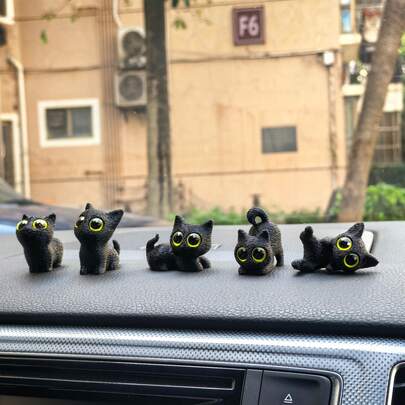 5件套大眼猫汽车装饰摆件，黑/白小猫仪表盘/后视镜摆件，电脑显示器摆件，可爱卡通桌面装饰，带粘性贴纸