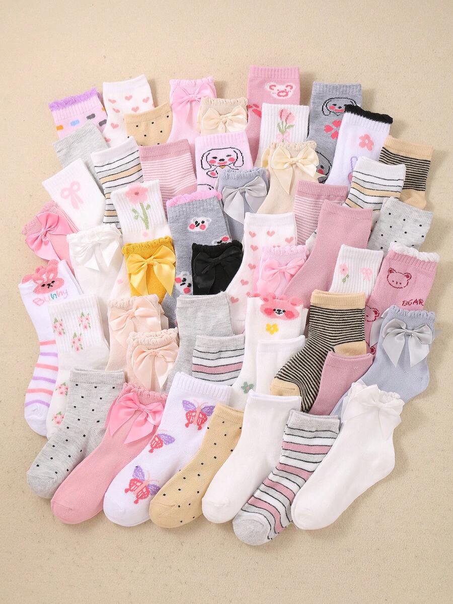 20/10/5 Đôi tất trẻ em hình thỏ hoạt hình, nơ và trái tim, thoải mái, thoáng khí, không bó sát, thích hợp mặc hàng ngày cho bé gái từ 0-16 tuổi, kiểu dáng ngẫu nhiên cho mọi mùa. - Nhiều màu - Xem 1